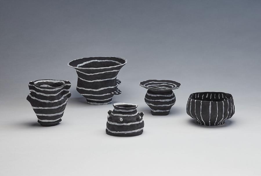 2015, terra cotta clay with underglaze, 5" - 10" h x 4" - 8" w